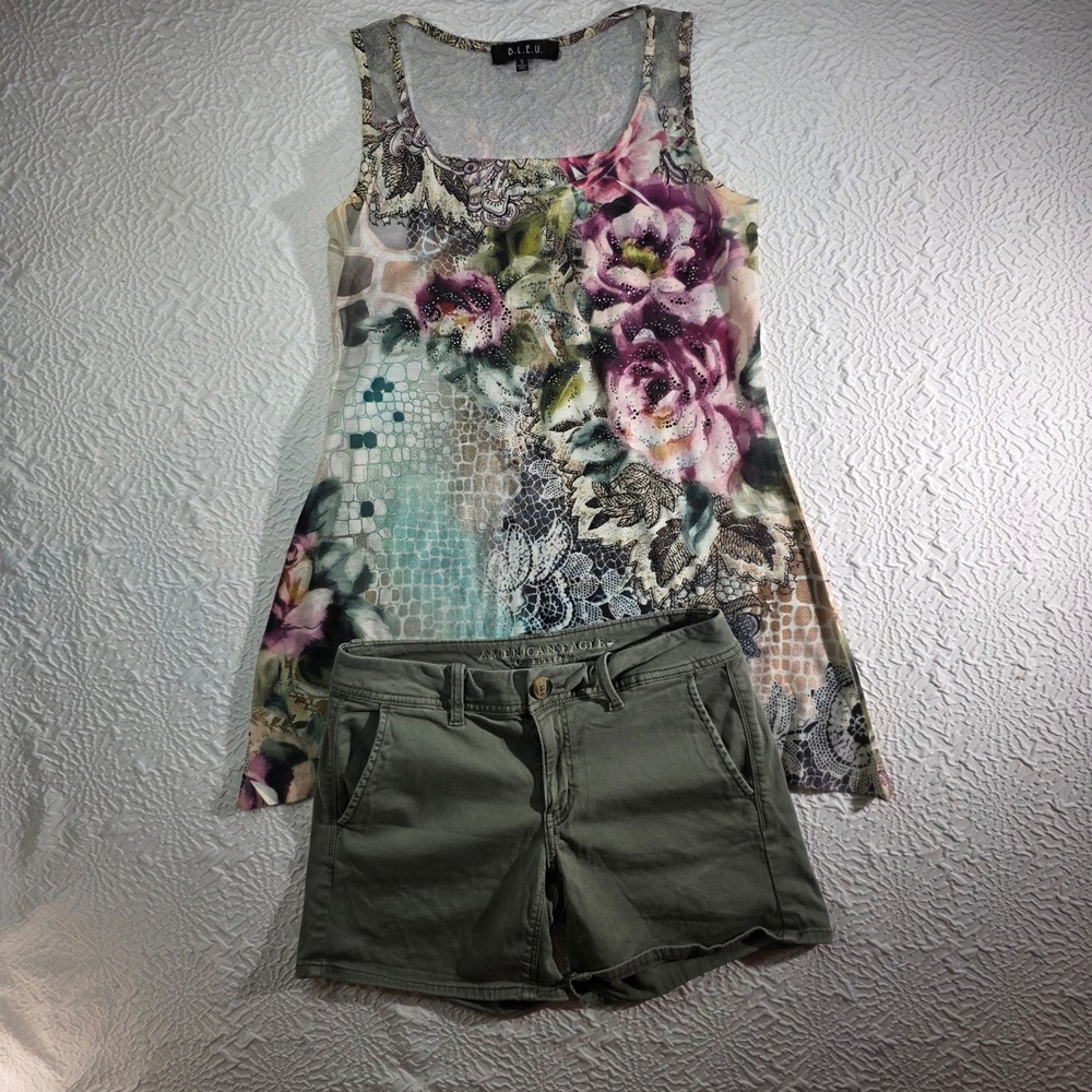 BLEU Floral Tank Top & American Eagle Olive Green Shorts Outfit Set Womens 4 S